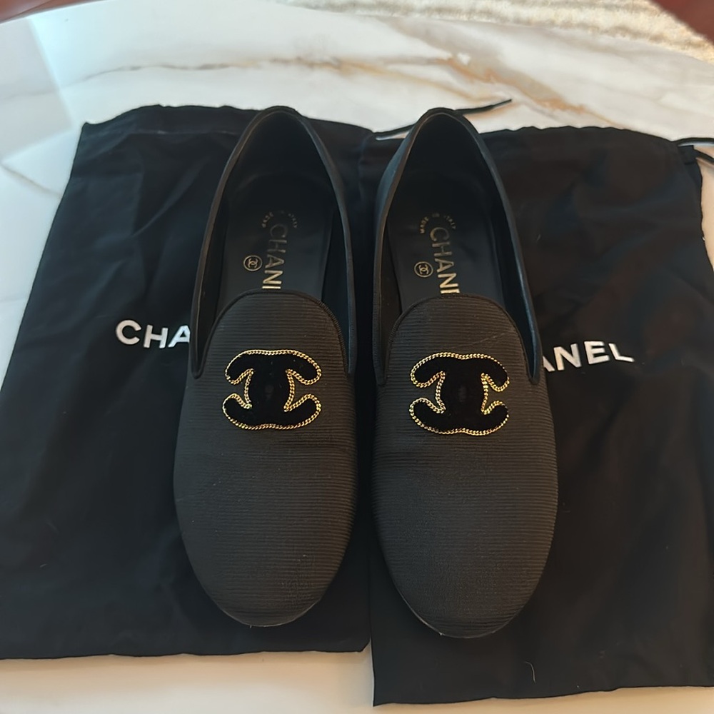 Chanel Black and Gold Canvas Loafers